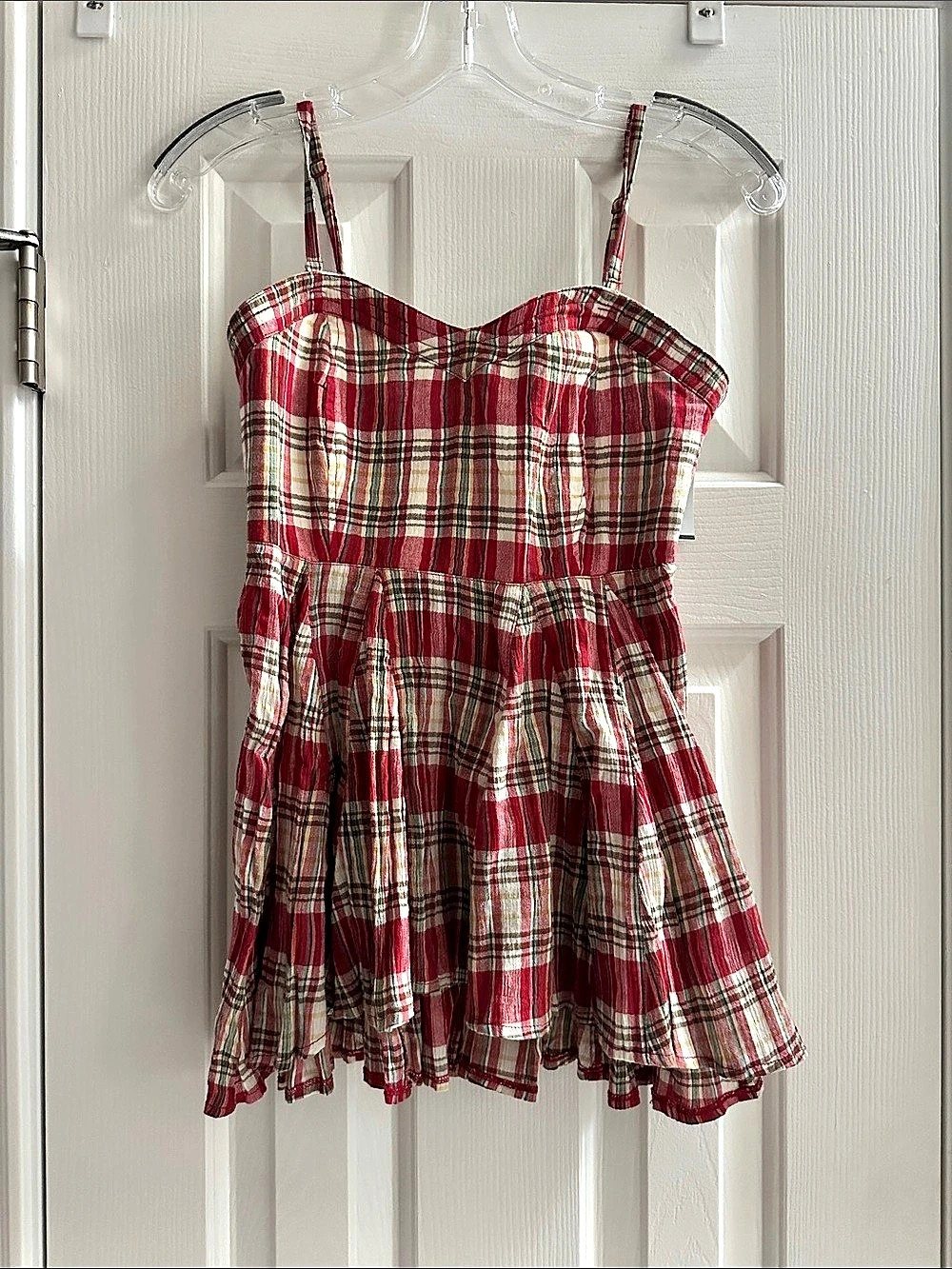 Free People Plaid Mini Babydoll Crinkle Top Red Women’s 0 Picnic Cottagecore